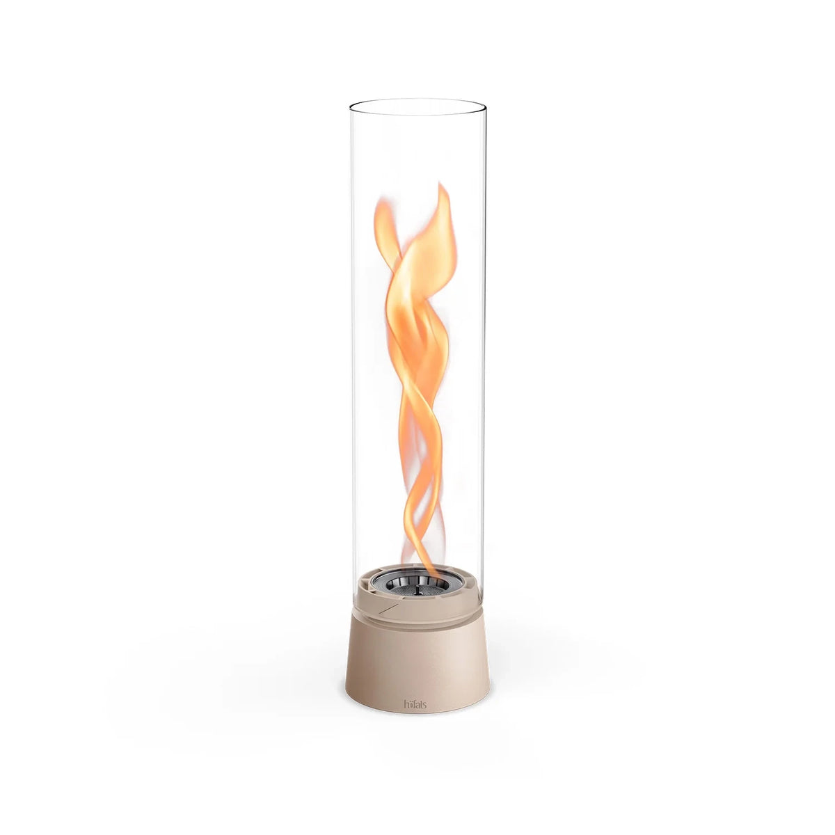 Höfats SPIN Air 1200 - Sand-colored tabletop bioethanol fireplace with tall cylindrical glass.