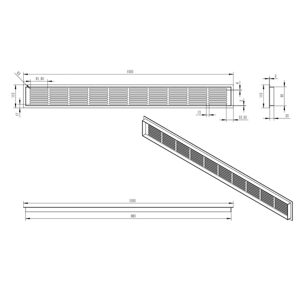 Lüftungsgitter Weiß - 100x11 cm - 420 cm²