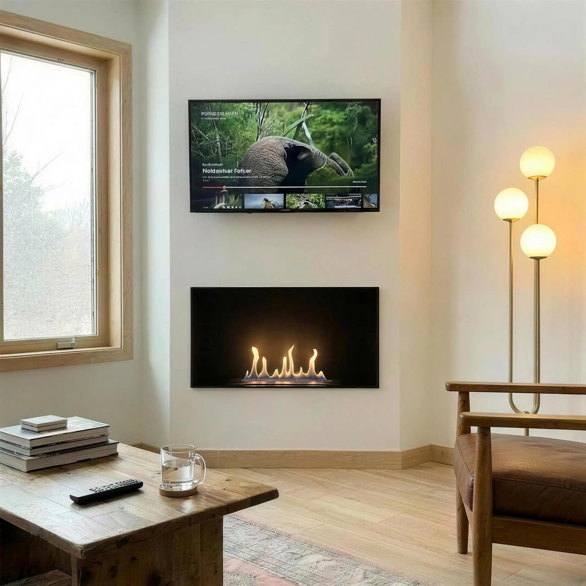 Foco One 800 built into a plastered living room wall below a wall-mounted TV, lit flame, cosy real home