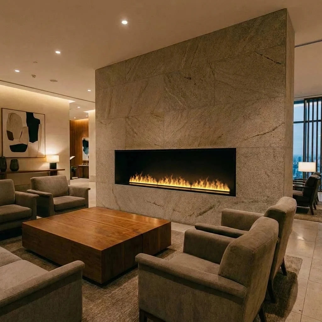 Foco Myst One 1800 built-in water vapour fireplace with one long water vapour flame in a living room