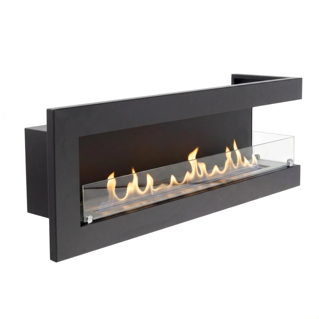 Corner bioethanol fireplace 115 cm, right model, on white background, lit with a realistic flame