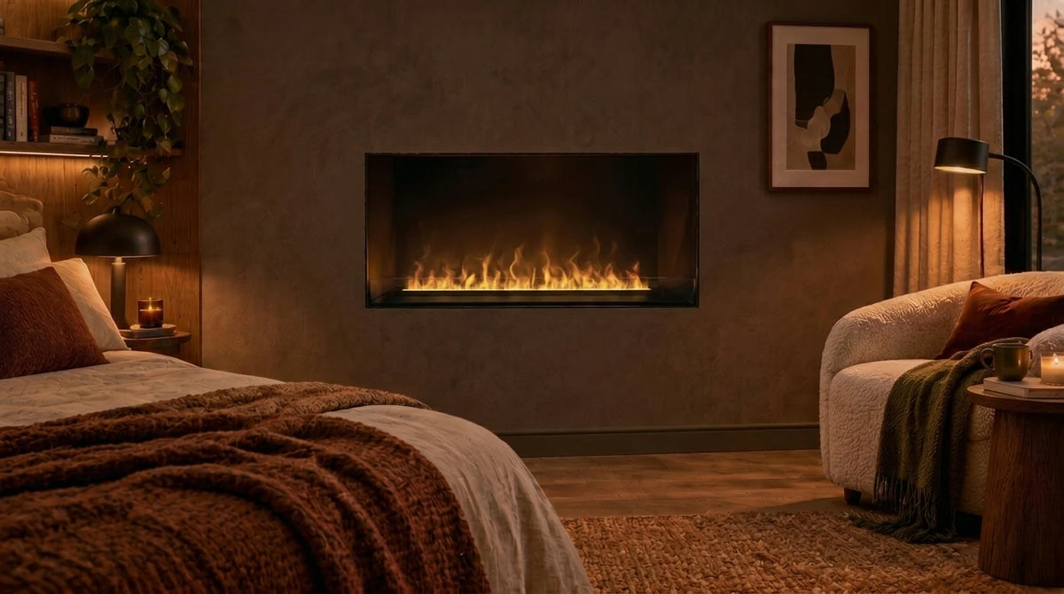 Foco Myst One 1200 built-in water vapour fireplace with a low water vapour flame in a cosy den wall