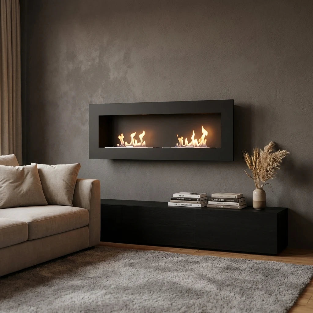 Murus 1600 black bio fireplace mounted on a charcoal-grey wall above a black-oak media console, lit flame
