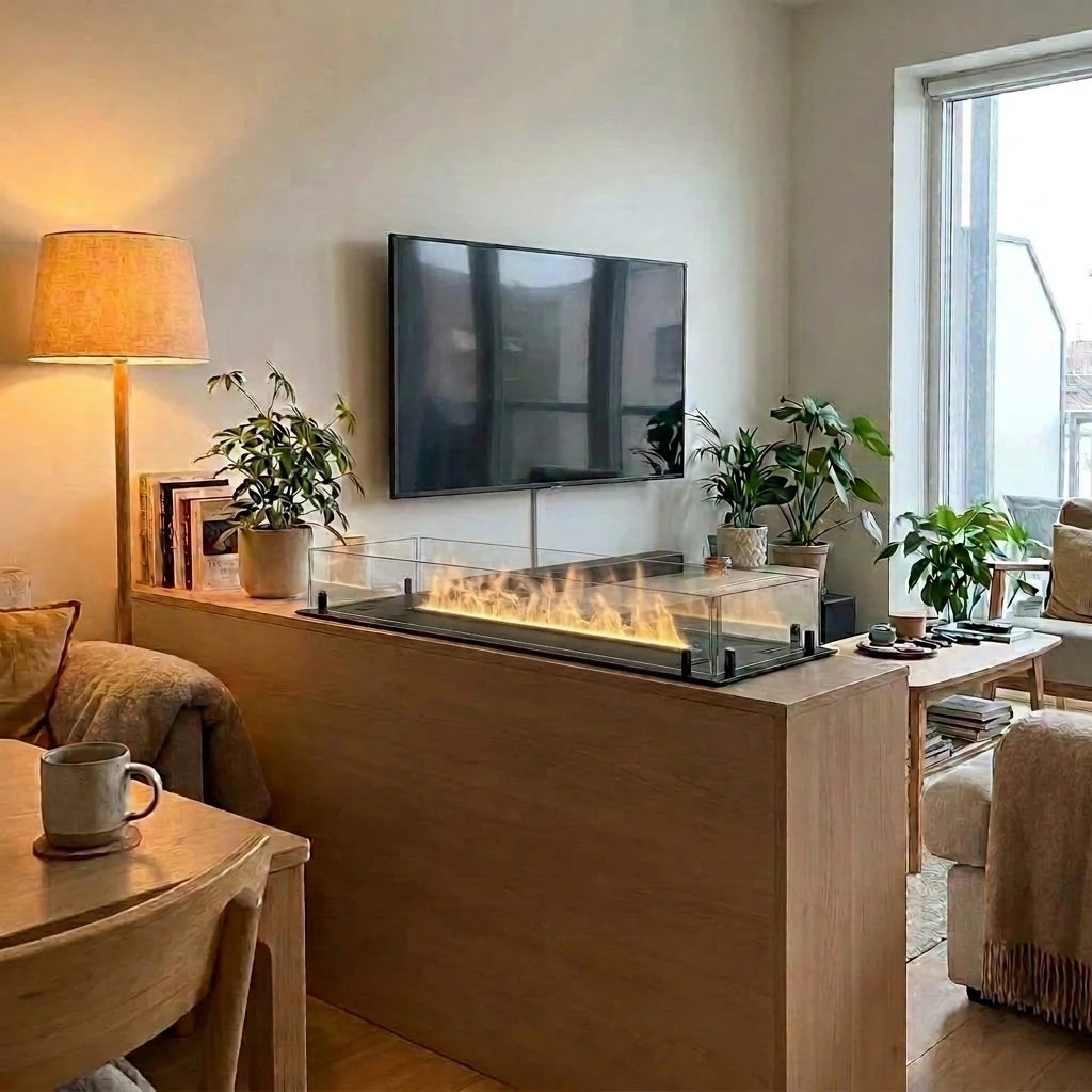 Foco Myst Free 1000 water vapour fireplace in a light plywood room-divider housing beside a window