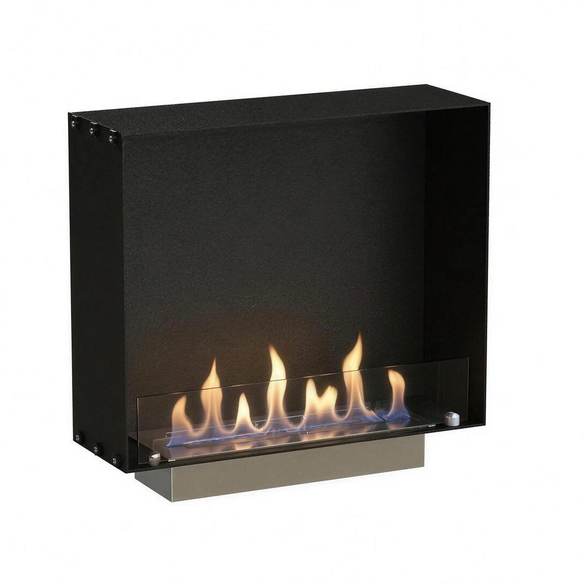 Foco One 600 Slim built-in bioethanol fireplace with lit flame, white background studio shot