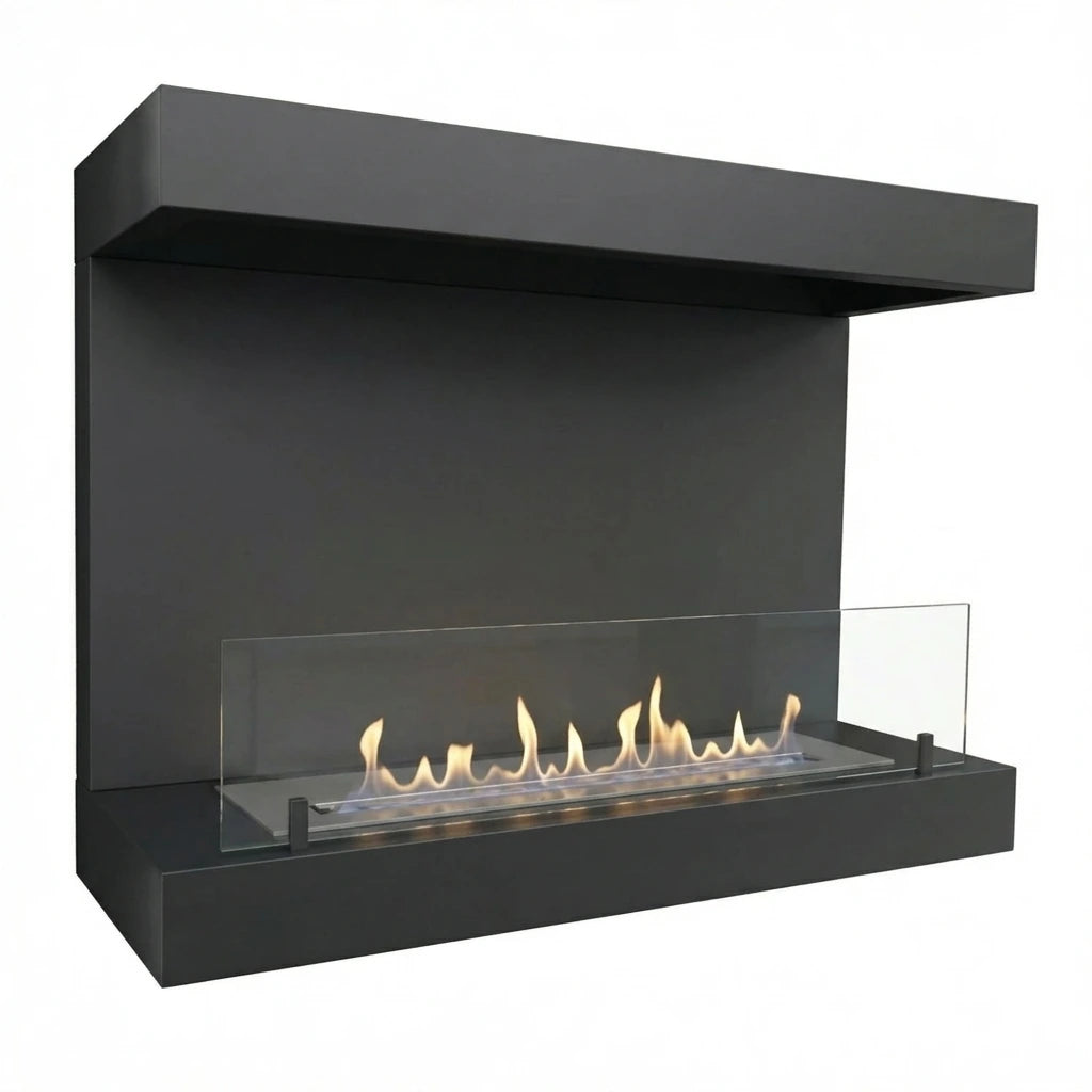 Dakota black three-sided wall-mounted bioethanol fireplace, angled studio shot with lit flame