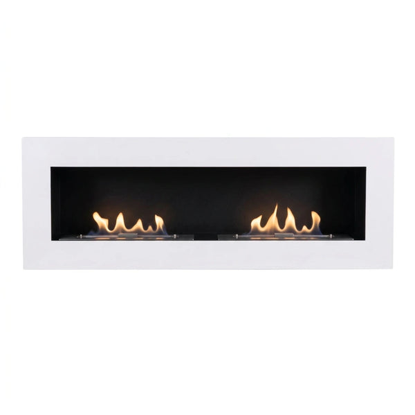 Murus 1600 glossy white bio fireplace, front view on white background, lit with a realistic flame
