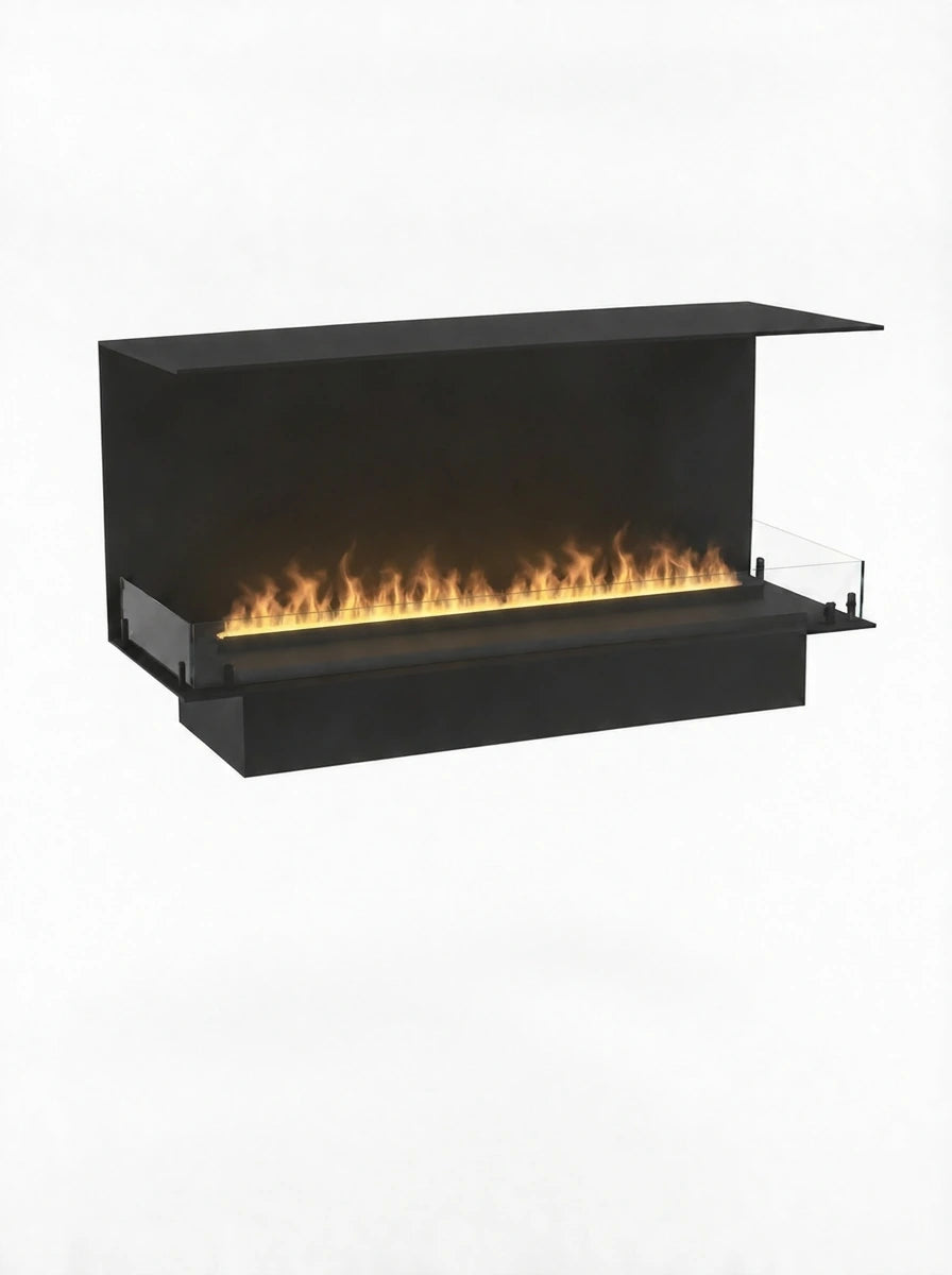 Foco Myst Three 1200 three-sided built-in water vapour fireplace in black with realistic water vapour flames