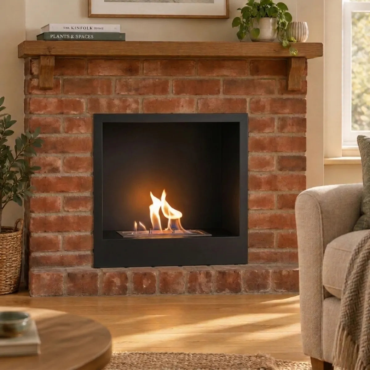 Surtur 18-inch bioethanol fireplace insert retrofitted into a red brick fireplace opening with a wooden mantel