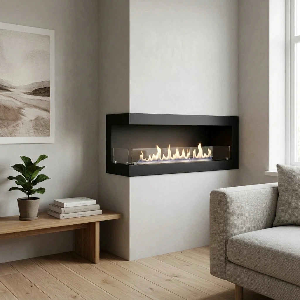 Left-facing corner bio fireplace 115 cm built into a light wall in a Scandinavian living room, lit realistic flame