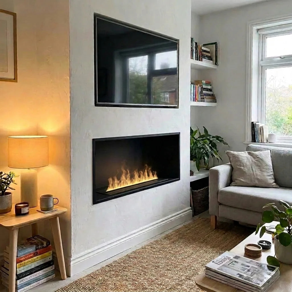 Foco Myst One 1000 built-in water vapour fireplace with one long water vapour flame in a living room wall below a TV