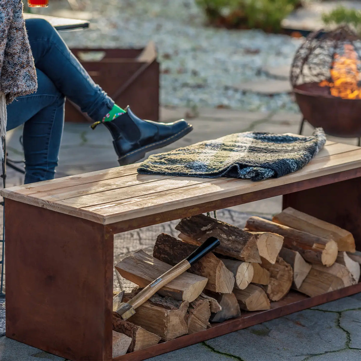 Wood Storage Bench in Corten Steel