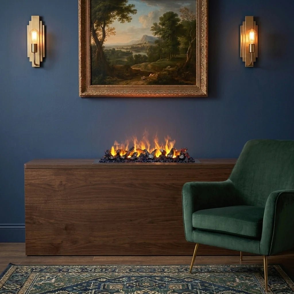 Dimplex Cassette 500 water vapour fireplace with decorative logs built into a walnut box in a navy-blue room with a landscape painting, brass wall lights and a green velvet armchair