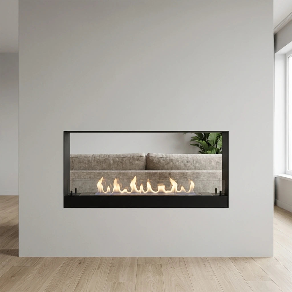 140 cm see-through bio fireplace built into a room divider wall in a Scandinavian living room, lit realistic flame