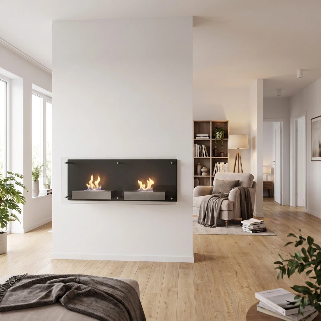 Double Nevada bioethanol wall-mounted fireplace with lit flames, styled in a spacious open-plan living room with a reading nook, bookshelf and hallway visible