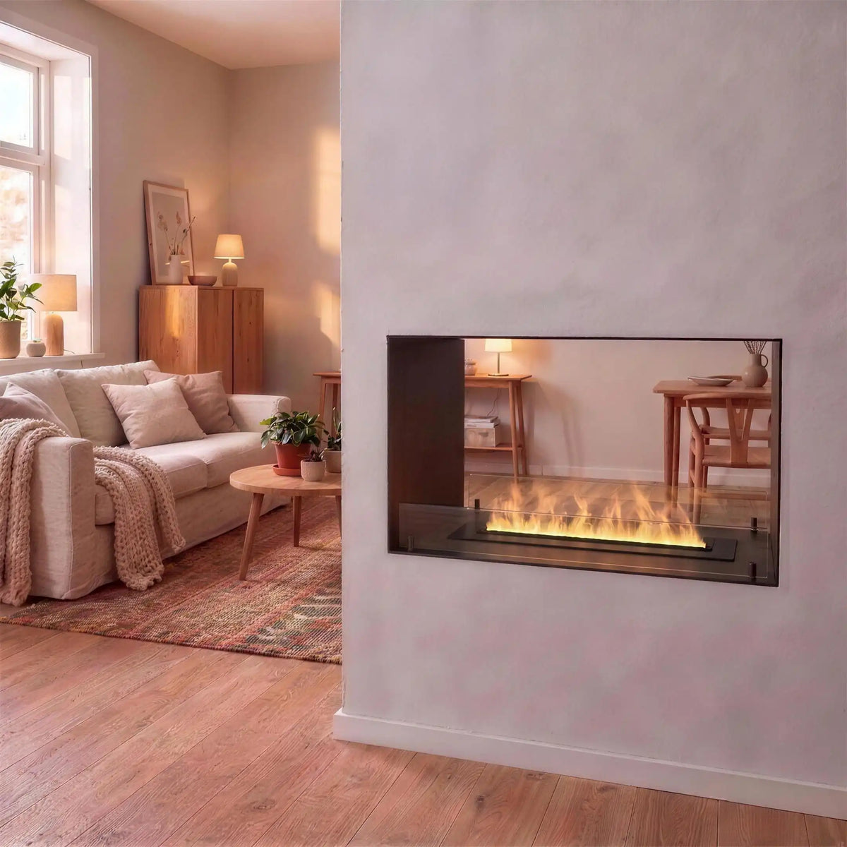 Foco Myst Two 1000 built-in water vapour fireplace with one long water vapour flame in a partition wall in a living room
