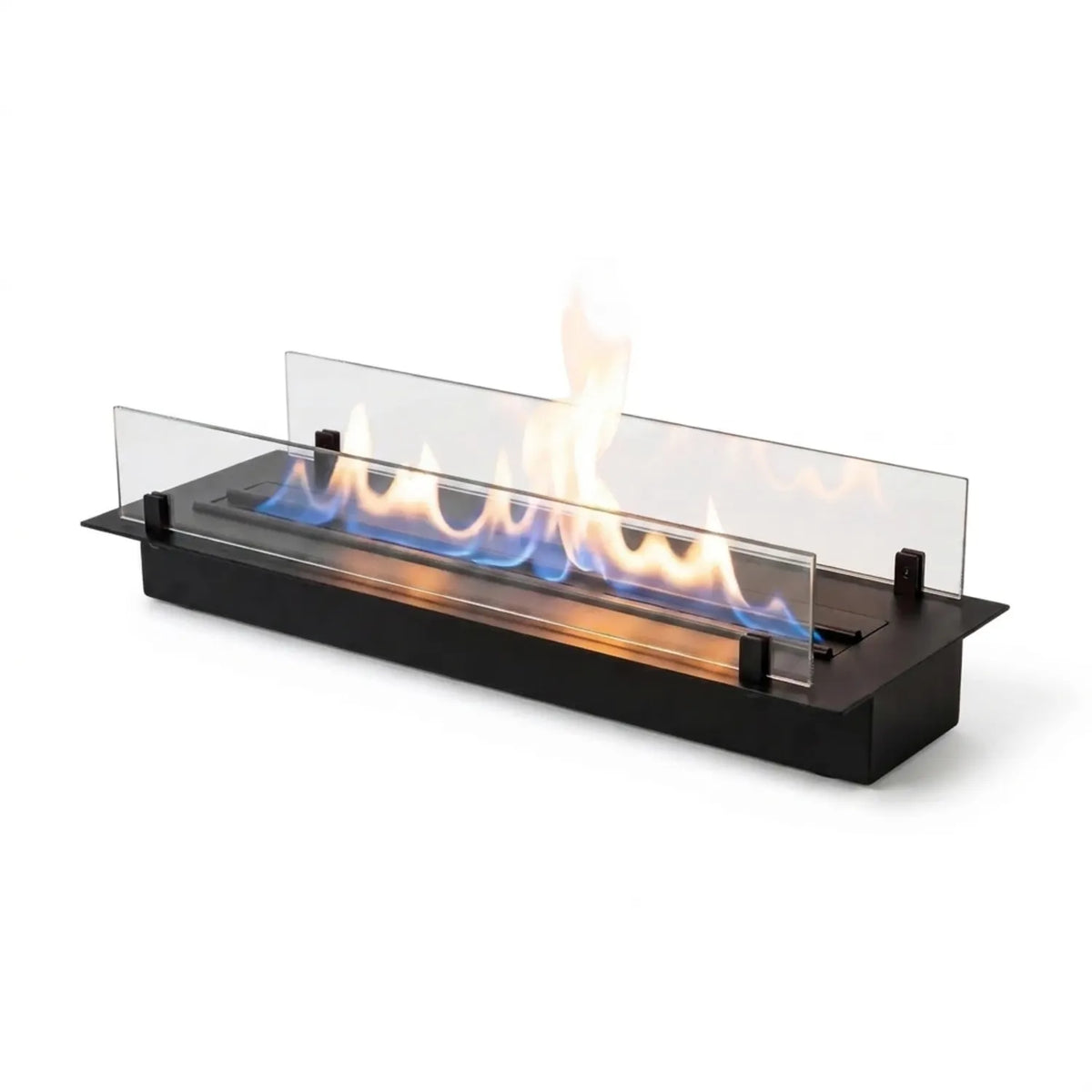 ScandiFlames Bioethanol Burner 990 in black with lit flame and two glass panels, angled studio view on white background