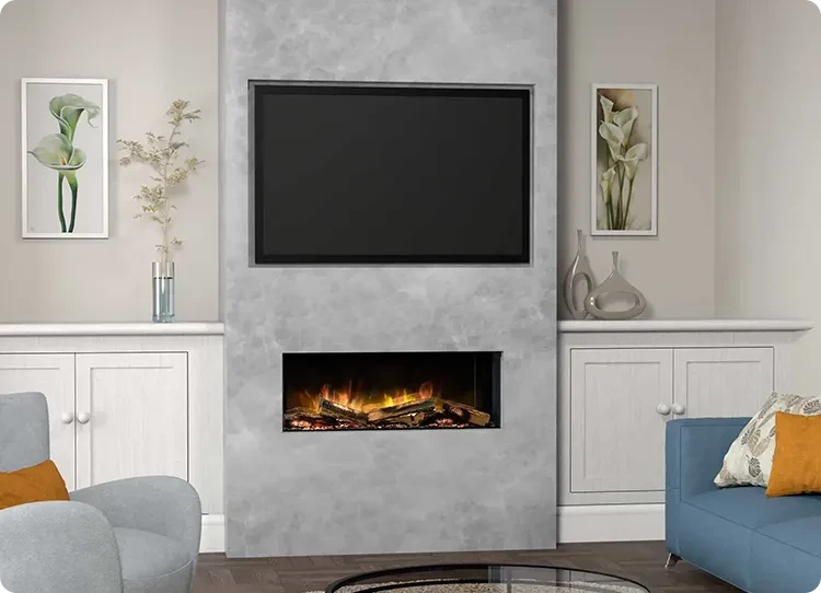Mediawand-TV und Elektrokamin von Flamerite