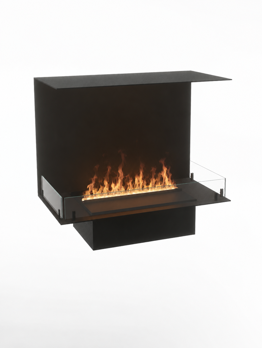 Foco Myst Three 800 three-sided water vapour fireplace, studio shot with realistic Opti-myst flame effect