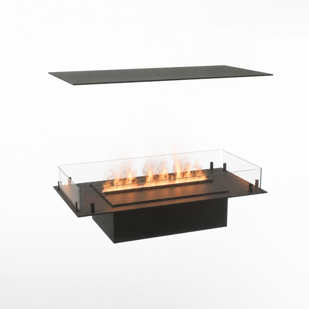 Foco Myst Four 800 water vapour fireplace, studio shot with realistic Opti-myst flame effect