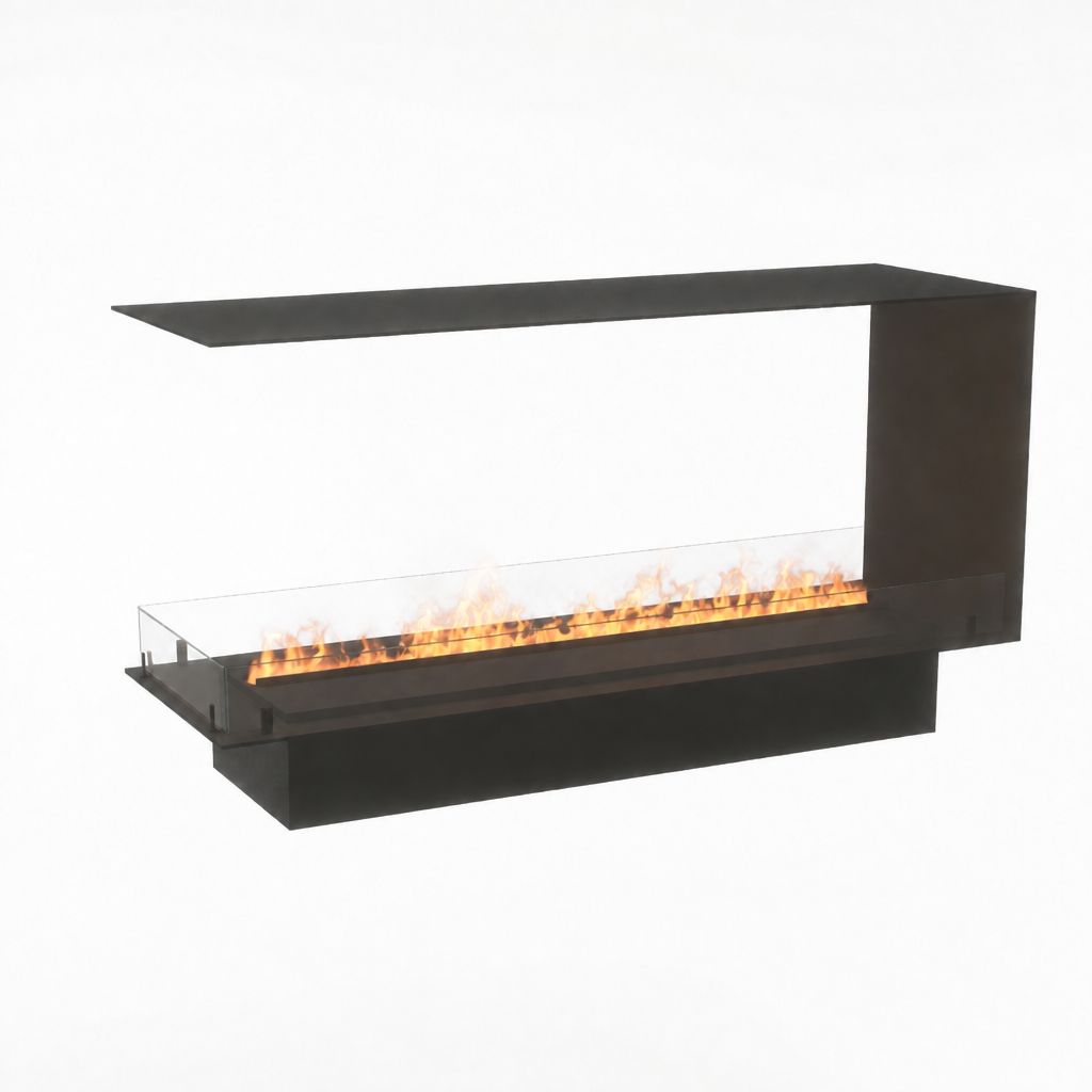 Foco Myst Room Divider 1200 water vapour fireplace, studio shot with realistic Opti-myst flame effect
