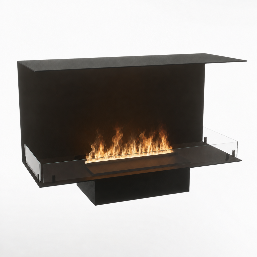 Foco Myst Three 1000 three-sided water vapour fireplace, studio shot with realistic Opti-myst flame effect