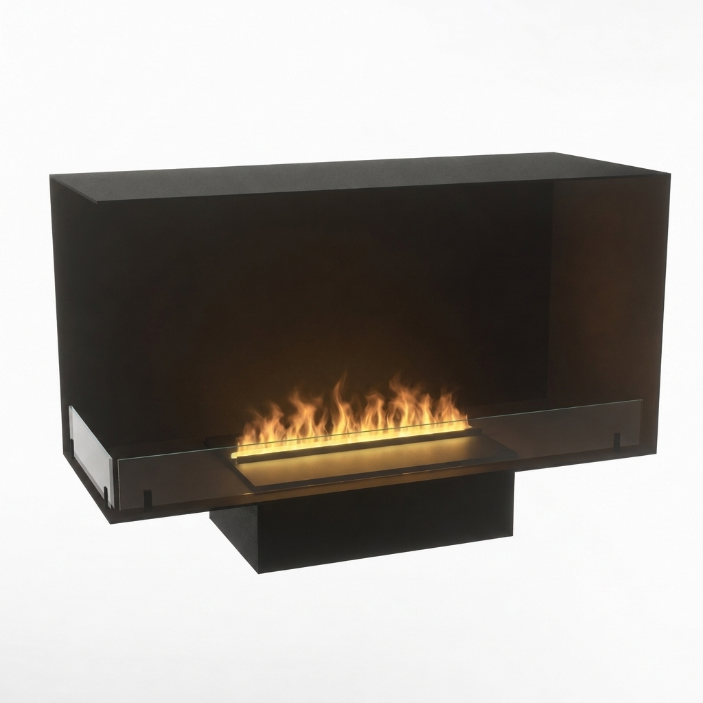 Foco Myst Corner Left 1000 water vapour fireplace, studio shot with realistic Opti-myst flame effect
