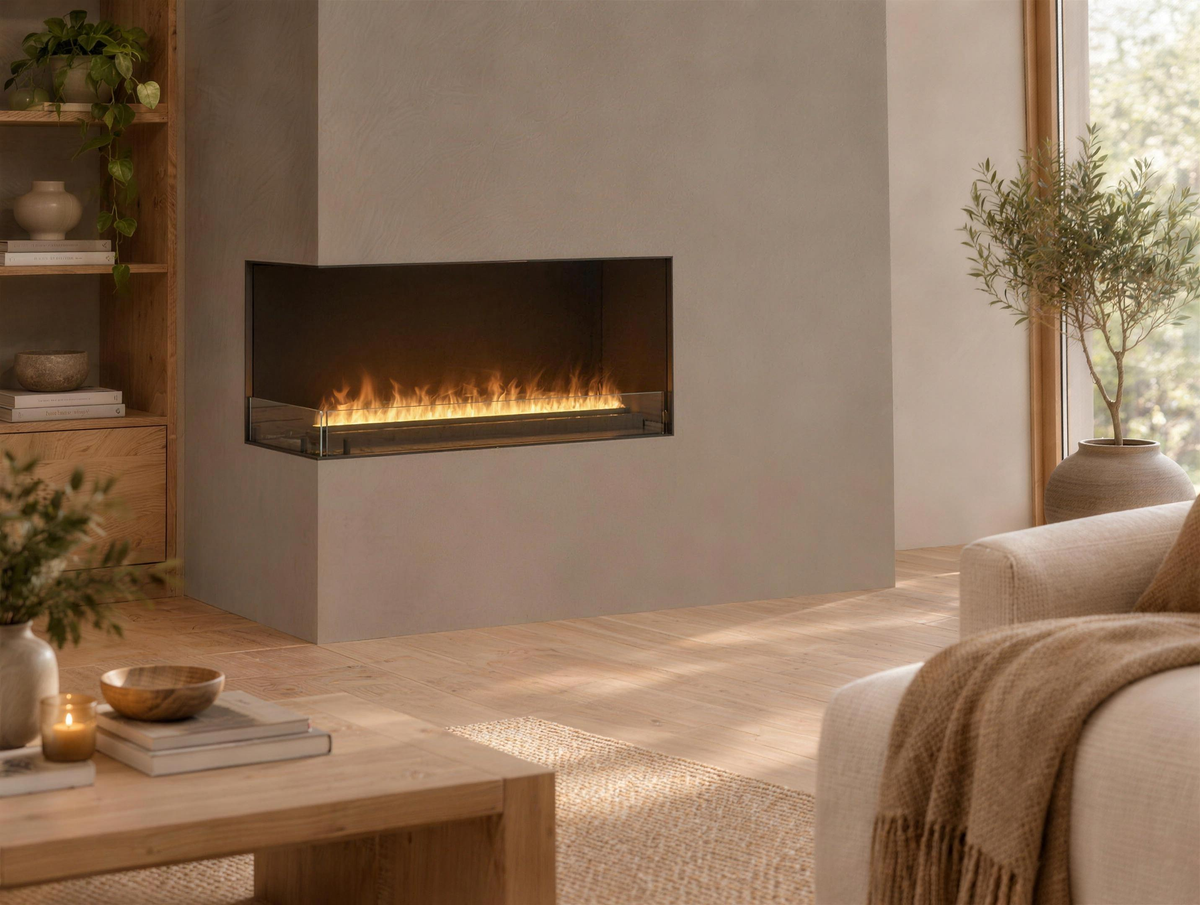 Foco Myst Corner Left 1200 water vapour fireplace built into a corner wall in a Scandinavian living room