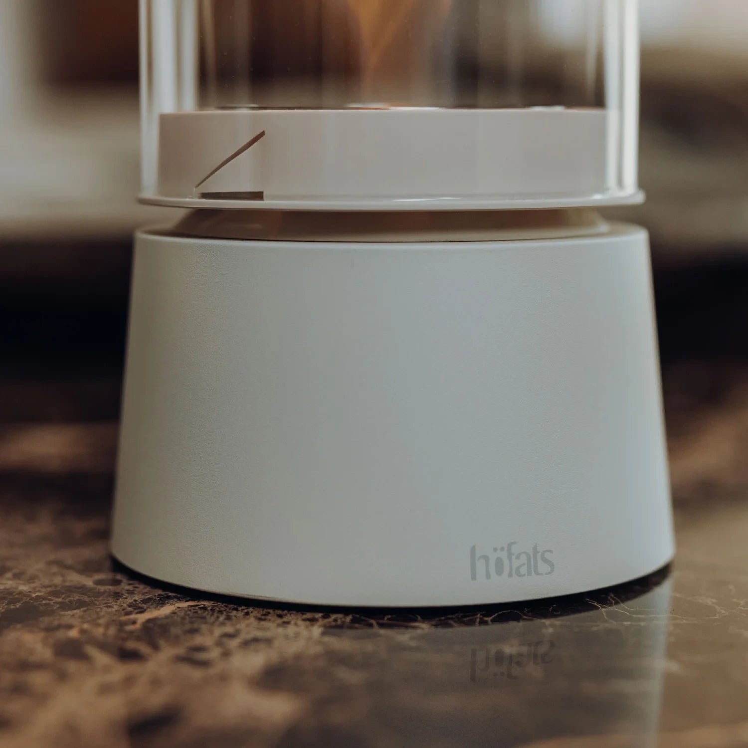 Höfats SPIN Air 900 Cream White Table Biofireplace with Tall Cylindrical Glass and rotating flames