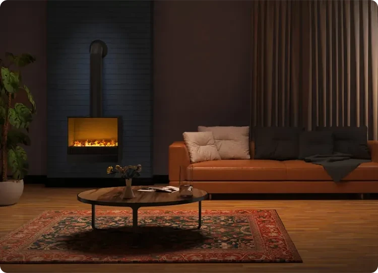 water vapour fireplace in a living room with a fake chimney
