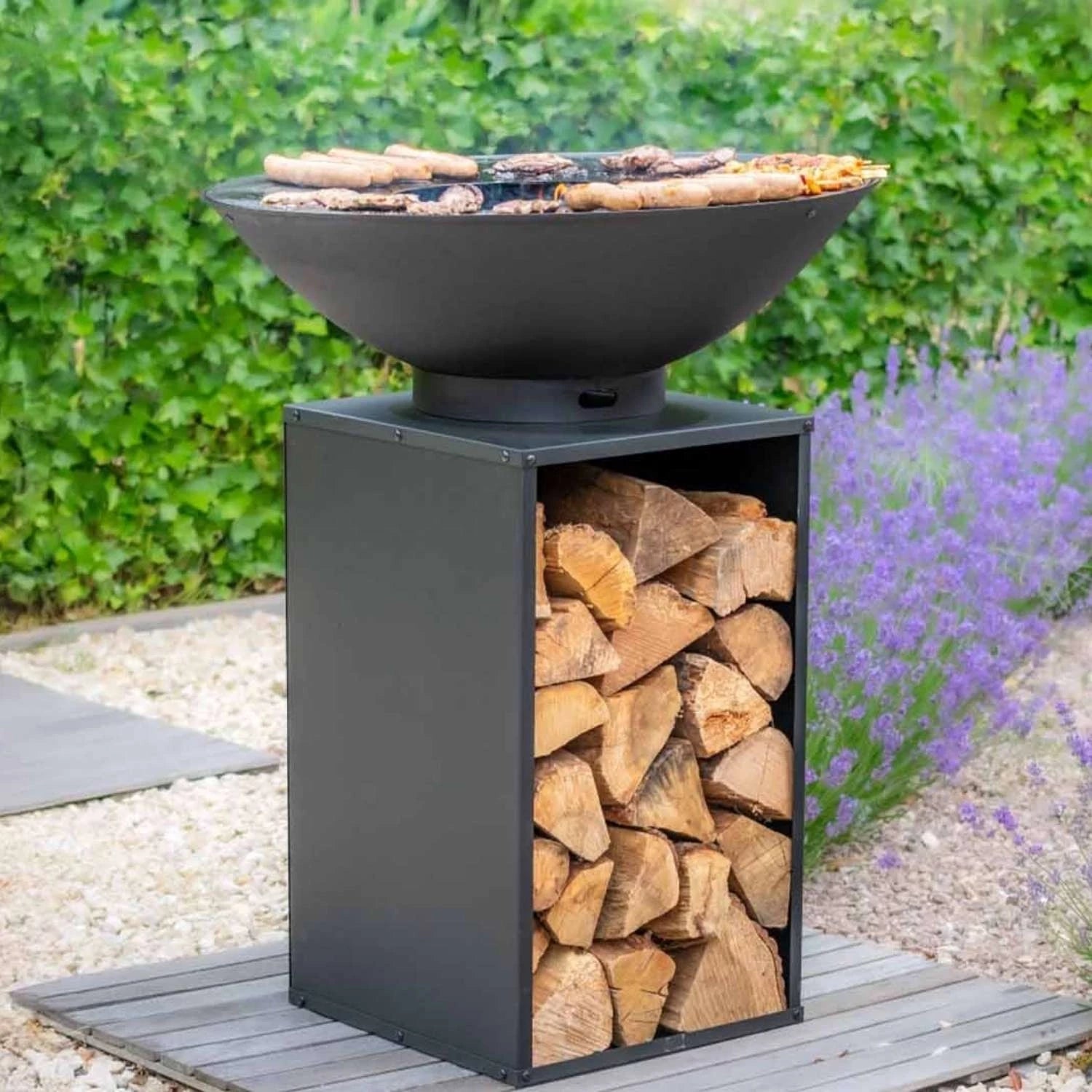 Onyx Feuerschale mit Grill und Holzlager – Ø60