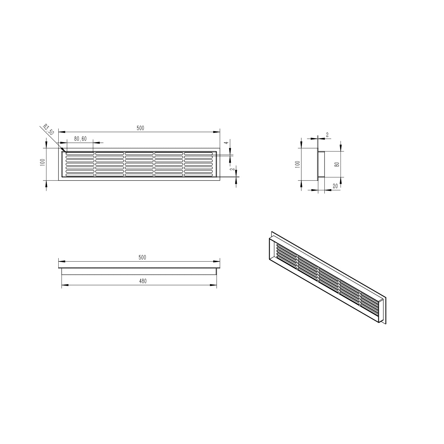 Ventilation Grille Black - 50x10 cm - 214 cm²